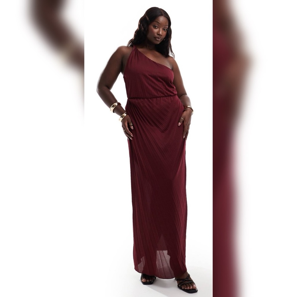 ASOS DESIGN Curve twist one shoulder pleated maxi dress in berry